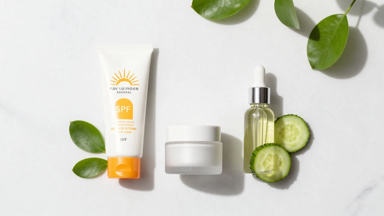 Композиция из средств для ухода за кожей: крем, SPF и сыворотка