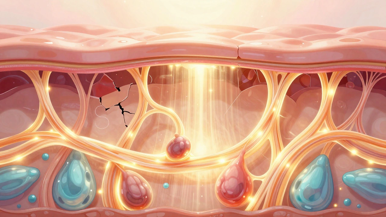 Illustration of glowing collagen fibers regenerating within skin layers