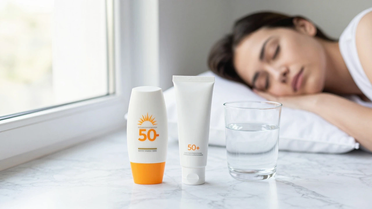 Крем с SPF и вода на столе, символ правильного ухода после лазера
