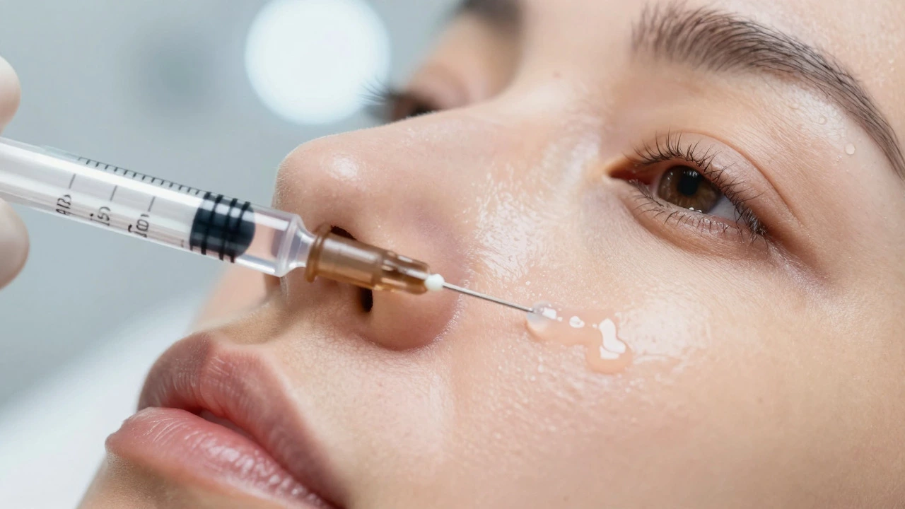 Syringe injecting hyaluronic acid filler into a cheek during a cosmetic procedure